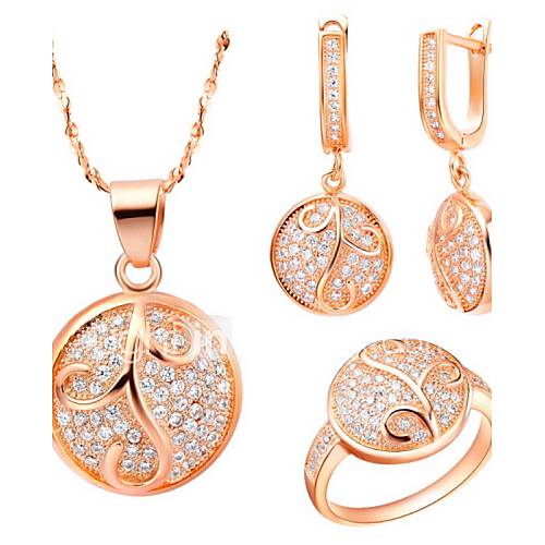 Delicate Silver Plated Cubic Zirconia Grass Round Womens Jewelry Set(Necklace,Earrings,Ring)(Gold,Silver)