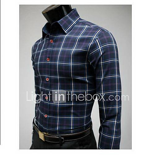 Uyuk Mens Hit Color Korean Style Stand Collar Long Sleeve Check Pattern Casual Cotton Shirt