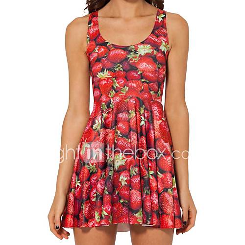 Women Pleated Strawberry Reversible Skater Dress