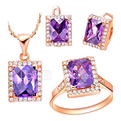 Fashion Alloy Gold Plated With Cubic Zirconia Rectangle Womens Jewelry Set(Necklace,Earrings,Ring)(Red,Purple)