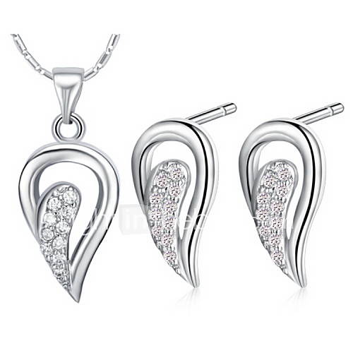 European Silver Plated Silver With Cubic Zirconia Pierced Drop Shaped Womens Jewelry Set(Including Necklace,Earrings)