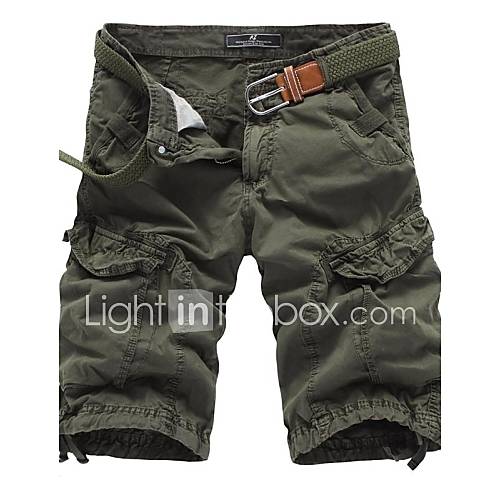 Mens Solid Color Multi Pocket Straight Shorts(without Belt) 3610 Army Green