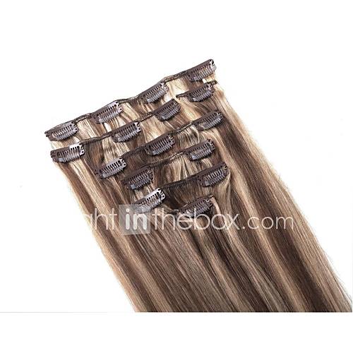 22Inch #4/27 Mixed Black and Blonde 7 Pcs Human Hair Silky Straight Clips in Hair Extensions