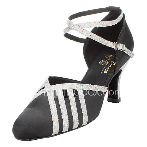 Customized Womens Satin Sequin Ankle Strap Ballroom Modern Dance Shoes