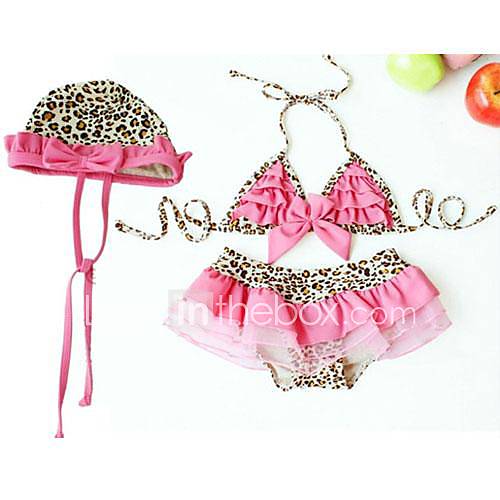 Girls Leopard Cake Bow Frenum Bikini and Pants and Hat 3Pcs Swimwear