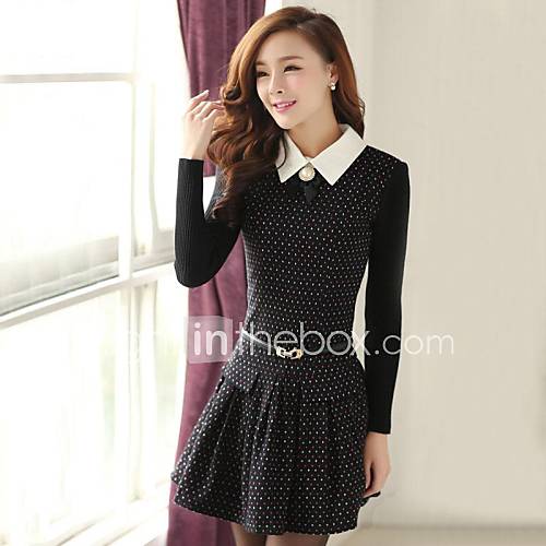 Outfit Knitting Long Sleeve Lapel Wavelet Mental Note Waist Dress