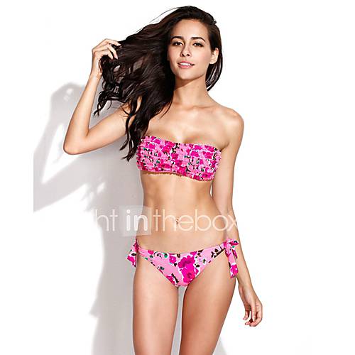 Womens Rose Pink Floral Ruffle Bandeau Bikini