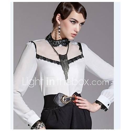 Womens Stand Lace Collar Joint Sheer Chiffon Shirt