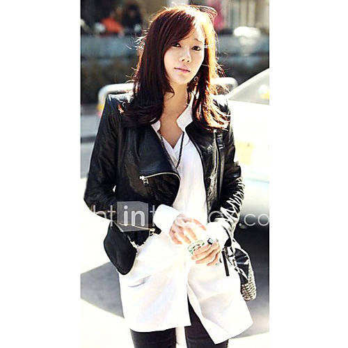 Womens Korea Fashion Synthetic Leather Zipper Slim Jacket Coat