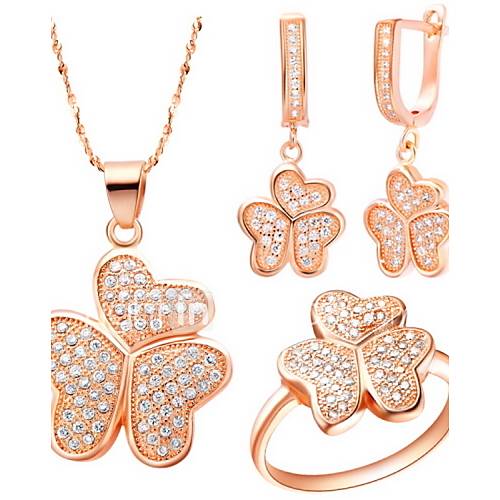 Delicate Silver Plated Silver With Cubic Zirconia Clover Womens Jewelry Set(Including Necklace,Earrings,Ring)(Gold,Silver)