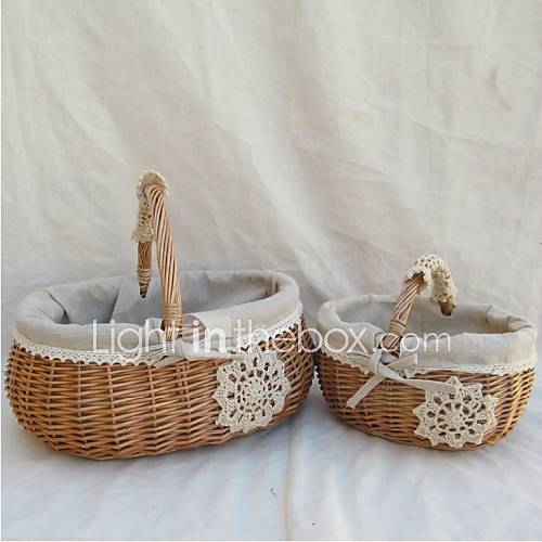 Granys Knitted Flower Oval Handmade Wicker Storage Basket with One Handle   One Piece