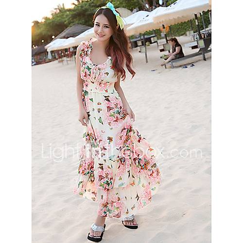 DGWE Womens Han Edition Floral Chiffon Bohemia Beach Dress(Screen Color)