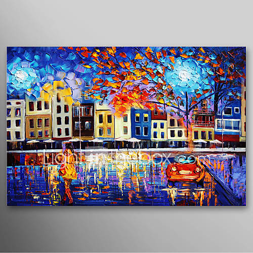 Hand Painted Oil Painting Landscape Street Scenery with Stretched Frame Ready to Hang