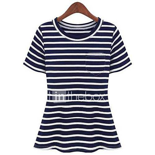 Womens Round Slim Stripe Summer Short Sleeve Stiching T shirt