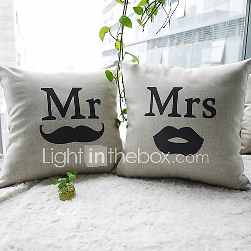 Set of 2 Mr.Moustache and Mrs.Lip Cotton/Linen Decorative Pillow Cover