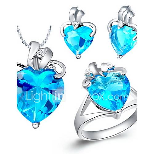 Classic Silver Plated Cubic Zirconia Heart Womens Jewelry Set(Necklace,Earrings,Ring)(Blue,Purple)