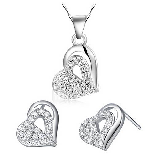 Classic Silver Plated Silver With Cubic Zirconia Irregular Heart Womens Jewelry Set(Including Necklace,Earrings)