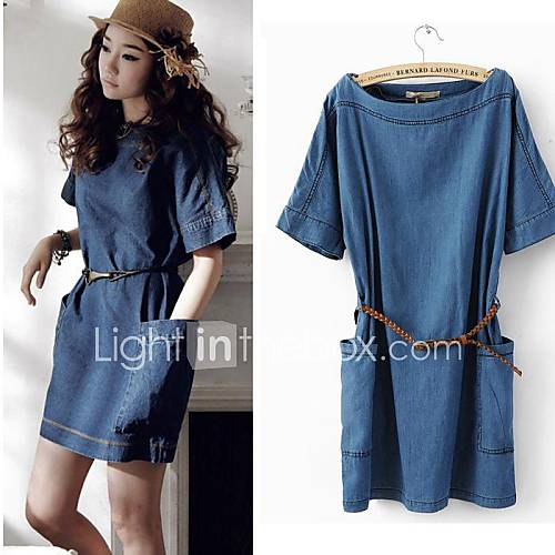 Womens Round Neck Short Sleeves Plus Size Denim Pockets Casual Dress with Belt