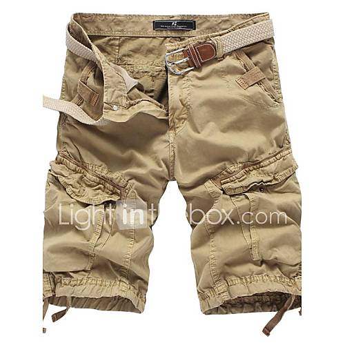 Mens Solid Color Multi Pocket Straight Shorts(without Belt) 3610 Khaki