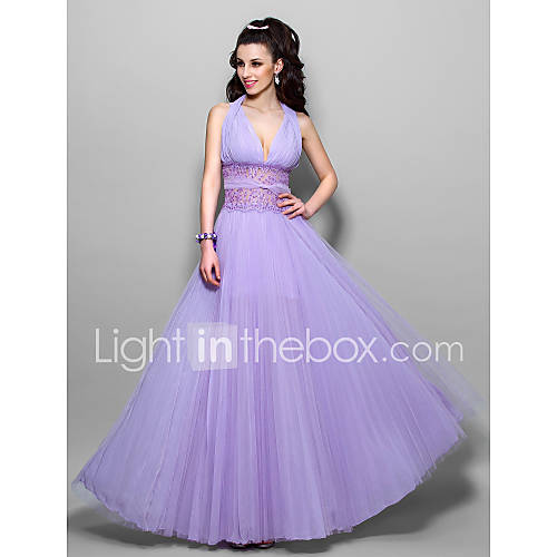 A line Halter Floor length Chiffon And Tulle Evening Dress (759904)