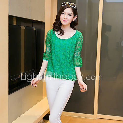 MUH Retro Pearl Collar Sleeve In Organza Lace Blouse(Green)