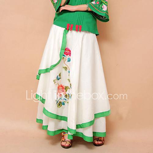 New Crisp White And Green Edge Embroidery Pattern Asymmetric Thin Cotton Casual Woman with Long Skirts
