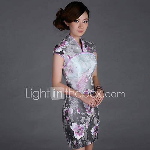 Yeshu Summer Wash Painting Slim Short Cheongsam (Gray)