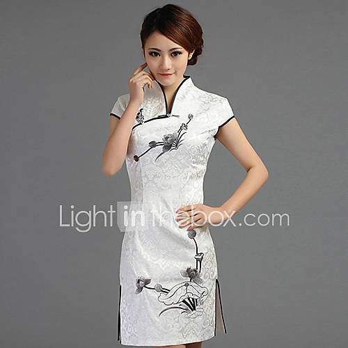 Yeshu Fashion Embroidery Short Sleeve Black Flowers Short Slim Cheongsam