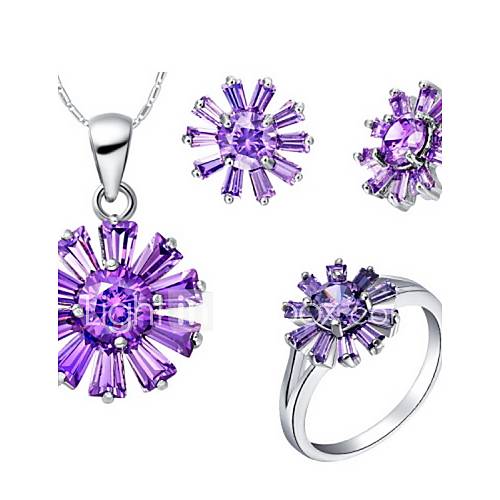 Shining Silver Plated Silver With Cubic Zirconia Flower Womens Jewelry Set(Including Necklace,Earrings,Ring)
