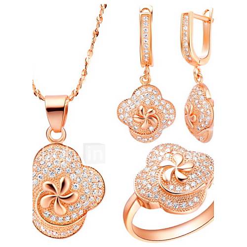 Original Silver Plated Cubic Zirconia Flower On Clover Womens Jewelry Set(Necklace,Earrings,Ring)(Gold,Silver)