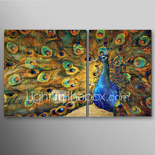 Hand Painted Oil Painting Animal Peacock Spreads Its Tail with Stretched Frame Set of 2 Ready to Hang