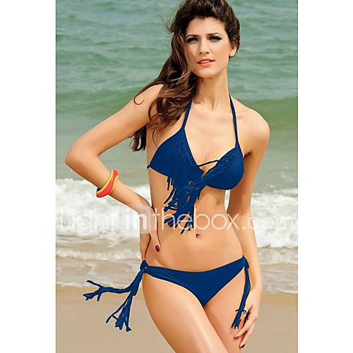 Romance Womens Tassel Halter Solid Color Bikini