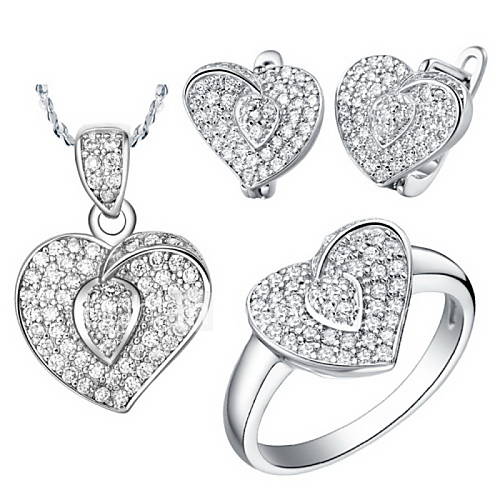 Classic Silver Plated Clear Cubic Zirconia Irregular Heart Shaped Womens Jewelry Set(Necklace,Ring,Earrings)