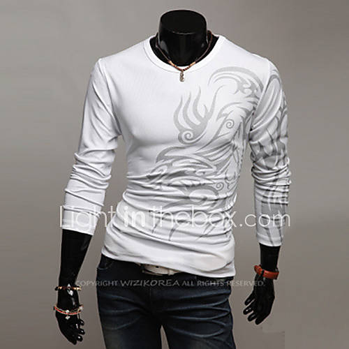 URUN Print Round Collar Long Sleeve T Shirt(White)