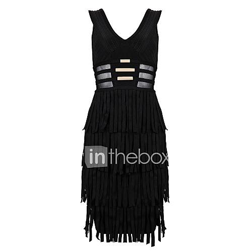 Black V Neck Tassel Sexy Open Back Bandage Dress