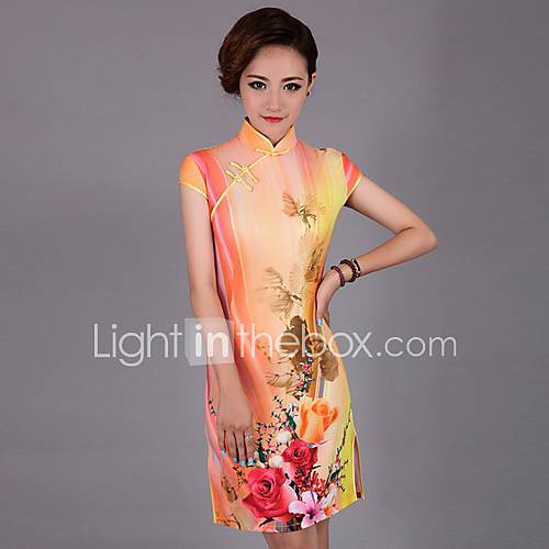 Yeshu Retro Elegance Floral Printing Slim Short Cheongsam (Orange)