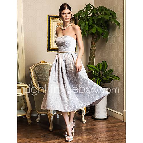A line Strapless Knee length Lace And Satin Cocktail Dress (890087)