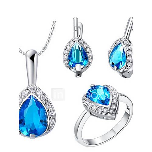 Classic Silver Plated Cubic Zirconia Drop Womens Jewelry Set(Necklace,Earrings,Ring)(Blue,Red,Purple)