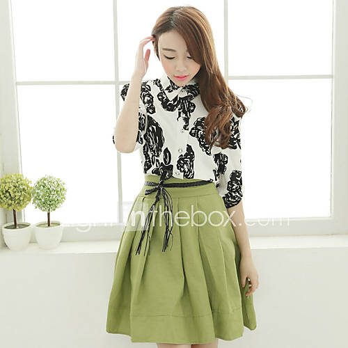 Lirenniao Korean Style Elegant Turn Down Collar Printing Long Sleeve Dress(Screen Color)