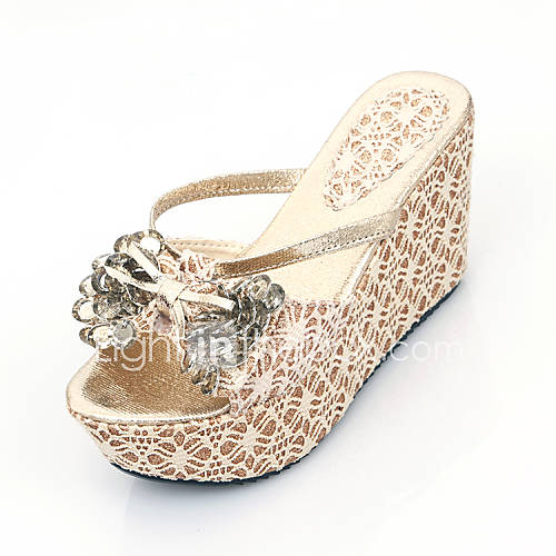 Faux Leather Womens Wedge Heel Platform Slide Slippers Shoes With Rhinestone Shoes