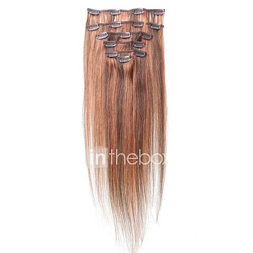 Emosa 15 Inch #4/30 Mixed Chocolate Brown and Auburn 7 Pcs Human Hair Silky Straight Clips in Hair Extensions