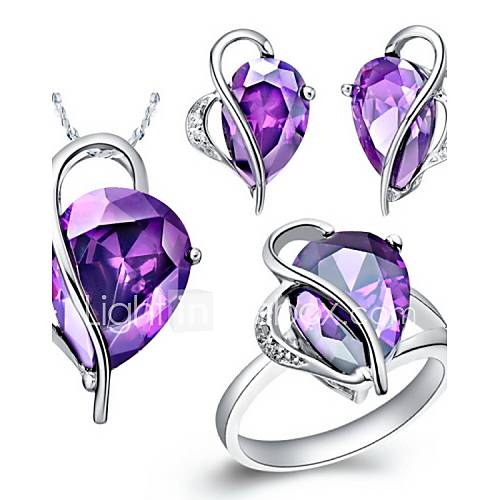 Fashion Silver Plated Cubic Zirconia Irregular Drop Womens Jewelry Set(Necklace,Earrings,Ring)(Red,Purple)