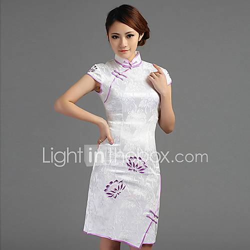 Yeshu Embroidery Short Sleeve Floral Short Slim Cheongsam