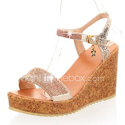 Faux Leather Womens Wedge Heel Platform Sling Back Sandals With Rhinestone Shoes(More Colors)