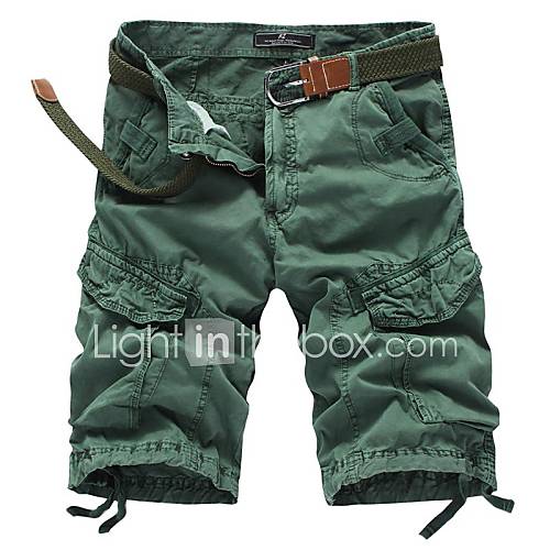 Mens Solid Color Multi Pocket Straight Shorts(without Belt) 3610 Green