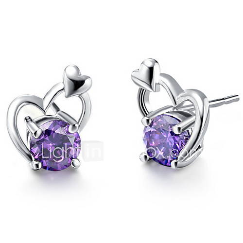 Sweet Silver Plated Silver With Purple Cubic Zirconia Heart Womens Earring