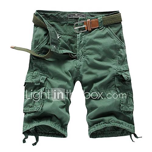 Mens Solid Color Multi Pocket Straight Shorts(without Belt) 9621 Green