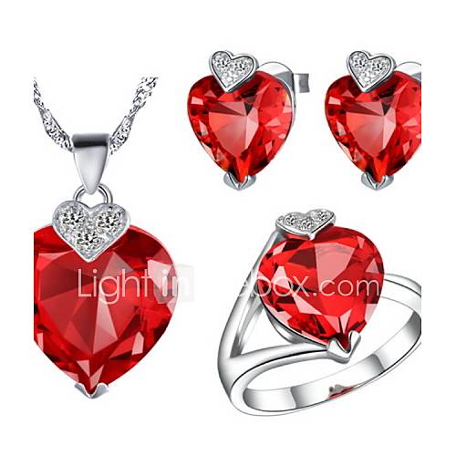 Charming Silver Plated Cubic Zirconia Heart Shaped Womens Jewelry Set(Necklace,Earrings,Ring)(Red,Purple)