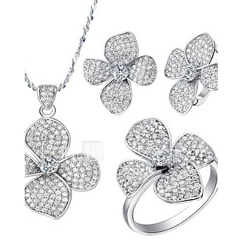 Sweet Silver Plated Clear Cubic Zirconia Clover Shaped Womens Jewelry Set(Necklace,Ring,Earrings)