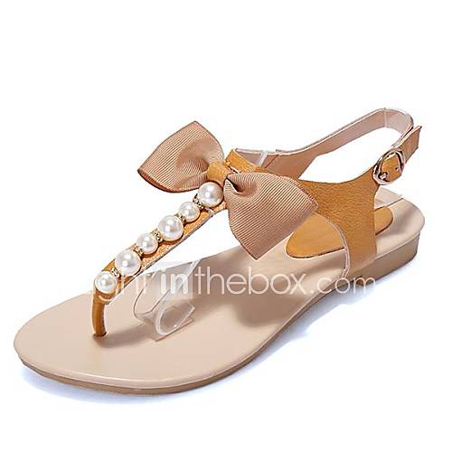 Leather Womens Flat Heel Flip Flops Sandals With Imitation Pearl Shoes(More Colors)